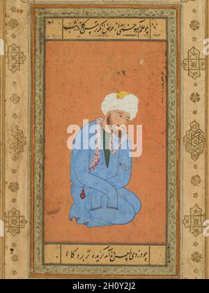 Portrait d'un homme Saint à genoux, tiré de l'album du Prince Salim, c.1556–60; frontière c.1602. Attribué à Mir Sayyid Ali (perse, actif en Inde, 1555–1580).Aquarelle opaque avec de l'or sur papier, posée sur une page d'album avec des bordures crème décorées de fleurs dorées et de motifs géométriques;Une des rares œuvres qui semblent avoir été réalisées par un artiste amené d’Iran par le père d’Akbar, Humayun, peu après son arrivée à Mughal Inde, cette page a été montée dans l’album du Prince Salim dans son tribunal sécessionniste d’Allahabad.Les lignes de contour lyriques fluides, expression pénétrante Banque D'Images