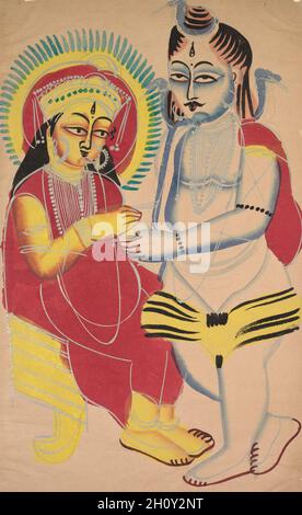 Annapurna et Shiva, c.1890. Inde de l'est, Bengale, Kolkata, Kalighat.Aquarelle, graphite, encre et étain sur papier ; support secondaire : 50.3 x 30.7 cm (19 13/16 x 12 1/16 po.) ; peinture uniquement : 45.5 x 27.6 cm (17 15/16 x 10 7/8 po.).La déesse Annapurna (elle de la nourriture plétée) est représentée comme étant supplifiée par Shiva, vue comme une ascétique qui cherche des almes d'elle.Assise sur un trône, elle place de la nourriture (peut-être du riz) dans le bol de Shiva avec une cuillère tenue dans sa main droite.Même Shiva dépend d'elle pour la nourriture et la nourriture.La poche d’un mendiant est accrochée à l’épaule droite de Shiva. Banque D'Images