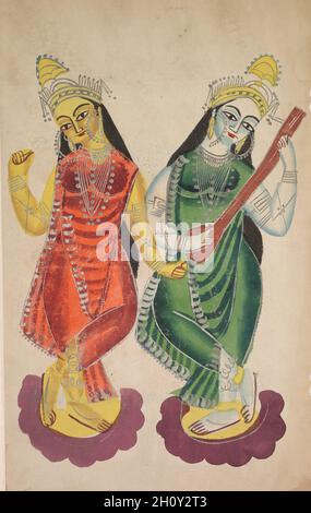 Déesses Lakshmi et Sarasvati (verso), c.1890. Inde de l'est, Bengale, Kolkata, Kalighat.Aquarelle, graphite, encre et étain sur papier ; support secondaire : 40.5 x 30 cm (15 15/16 x 11 13/16 po.) ; peinture uniquement : 45.3 x 28.4 cm (17 13/16 x 11 3/16 po.).Il s'agit d'une peinture symétrique de deux déesses, chacune debout sur un lotus (symbolisant la beauté et la pureté).Tous deux sont considérés dans le folklore bengali comme des sœurs et les filles de la déesse Durga.Lakshmi, déesse de la fortune, de la prospérité et de la beauté, et épouse de Vishnu, tient une fleur inachevée.Sarasvati, déesse de la connaissance, learnin Banque D'Images