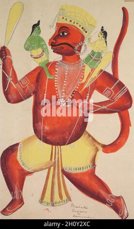 Hanuman avec Rama et Lakshmana sur ses épaules, c.1890. Inde de l'est, Bengale, Kolkata, Kalighat.Aquarelle, graphite, encre et étain sur papier ; peinture uniquement : 45.7 x 29.4 cm (18 x 11 9/16 po).Hanuman, le singe dévot de Rama, est représenté portant Rama et son frère Lakshmana.Rama, sa peau de couleur verte, se trouve sur l'épaule droite de Hanuman, tandis que Lakshmana se déplace sur sa gauche.Hanuman les transporte à Sugreeva, roi des singes, qui devait les aider dans leur recherche de la Sita enlevée.Hanuman est le dévot par excellence. Banque D'Images