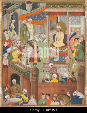 Babur reçoit le salut de Humayun après la victoire sur le Sultan Ibrahim en 1526, d’un Akbar-nama (Livre d’Akbar) d’Abu’l Fazl (Indien, 1551-1602), c.1596-1597 ou 1604.Inde, Mughal court, fait pour l'empereur Akbar.Aquarelle opaque sur papier, montée sur une page d'album avec bordures de papier crème doré; page: 42 x 27.6 cm (16 9/16 x 10 7/8 po).L'élégante figure de Babur portant un manteau jaune pâle est montrée assis sur son trône nouvellement gagné à Delhi juste après la bataille décisive contre les Afghans en 1526.Il regarde directement son fils Humayun, qui le salue, après s'être assuré Banque D'Images