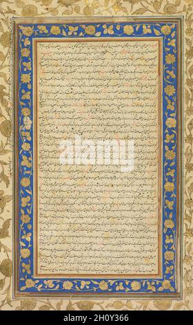 Un Folio illuminé du manuscrit royal du Farhang-i Jahangiri (recto), 1607–8.Mughal India, cour de Jahangir (1605-1627).Encre, aquarelle opaque et or sur papier (bordure bleue); page : 33.7 x 21.9 cm (13 1/4 x 8 5/8 po.); champ de texte : 21.2 x 11 cm (8 3/8 x 4 5/16 po.).Farhang-E Jah?ng?r?, l'un des dictionnaires les plus complets et les plus fiables de la langue persane, a été compilé par Mir Jamal al-DIN Husayn Inju.Il lui a fallu douze ans pour compiler plus de 9,000 mots avec des définitions et des exemples de versets par des poètes persans.Il est né à Shiraz, en Iran, mais il a vécu la plus grande partie de sa vie Banque D'Images