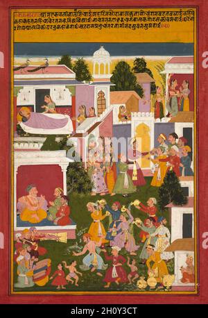 La naissance de Krishna, d'un Sursagar de Surdas, c.1700. Nord-Ouest de l'Inde, Rajasthan, Mewar School, début du XVIIIe siècle.Aquarelle opaque et or sur papier; image : 33.6 x 22.2 cm (13 1/4 x 8 3/4 po.); hors tout : 37 x 25.4 cm (14 9/16 x 10 po.); avec tapis : 49 x 36.3 cm (19 5/16 x 14 5/16 po.).Le poète aveugle et hindou saint Surdas (1578/79–c.1581), un dévot de Krishna, est montré dans la hutte au coin inférieur droit jouant des cymbales pour mesurer le mètre comme il récite son poème, appelé Sursagar.Le verset 5 est écrit en haut de la page, et les scènes de festivités entourant l'arrivée de la ne Banque D'Images