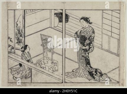 Femme et enfant à côté d'un stand de miroir, ch. Années 1740. Nishikawa Sukenobu (japonais, 1671-1754). Gravure sur bois en couleur ; feuille : 25,6 x 37,4 cm (10 1/16 x 14 3/4 in.). Banque D'Images