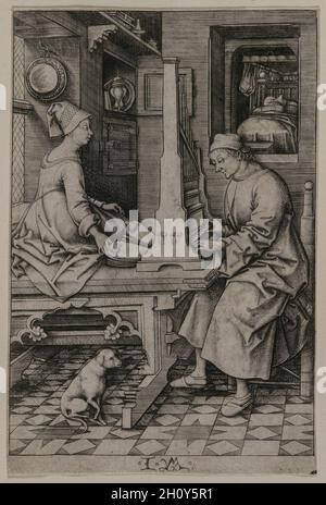 Le joueur d'orgue et sa femme, 1495-1500.Israhel van Meckenem (allemand, c.1440-1503).Gravure; dans un cadre chaleureux et domestique, un joueur d'orgue joue un portatif avec quatre registres.Sa femme actionne les deux soufflets, produisant le vent qui donne à l'instrument son.L'activité de l'un serait inconcevable et inutile sans l'autre.La musique qu'ils créent ensemble, ainsi que le chien fidèle placé en évidence au premier plan, se réfère à l'harmonie conjugale. Banque D'Images