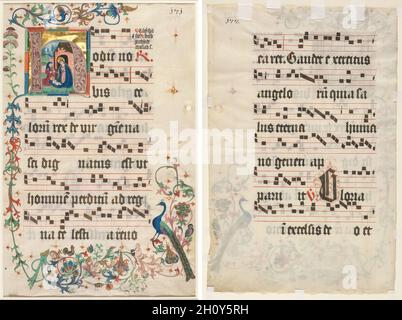 Feuille d'un Antiphonaire : H initial avec la Nativité (recto) et le texte (verso), c.1480. Allemagne du Sud, Augsbourg (?), 15ème siècle.Encre, tempera et or sur vélin; feuille : 62.5 x 41 cm (24 5/8 x 16 1/8 po).L'ornement de bordure et la conception initiale de cette feuille ont des affinités stylistiques avec l'illumination sud-allemande de la fin des années 1400 et en particulier avec les ateliers d'Augsbourg.Il survit avec deux feuilles de soeur connues avec des références textuelles et illustratives à Saint Clare.Ce saint a été vénéré pendant le Moyen-âge et est étroitement associé à Saint François qui a installé h Banque D'Images