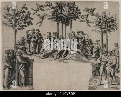 Apollo sur Parnassus, c.1517–20.Marcantonio Raimondi (italien, 1470/82-1527/34), après Raphaël (italien, 1483-1520).Gravure; feuille: 35.5 x 46.9 cm (14 x 18 7/16 po.).Vers 1510, l'influent peintre Raphaël a commencé à collaborer avec le graveur Raimondi pour traduire ses dessins en gravures, ce qui a permis à ses œuvres d'atteindre un public international.Cette gravure reproduit le dessin de Raphaël pour une fresque qu'il peint dans les appartements personnels du Pape Julius II (1443-1513), montrant que la dévotion aux idées classiques a atteint les plus hauts niveaux d'autorité religieuse.En plus D'Un Banque D'Images