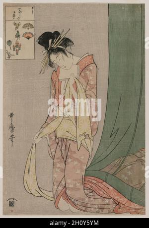 Hanaōgi de Ōgiya de la série Picture Puzzles, c.1797. Kitagawa Utamaro (japonais, 1753?-1806).Impression couleur sur bois; encre et couleur sur papier; feuille: 37.6 x 25.4 cm (14 13/16 x 10 po.).Dans cette impression délicate, il faut décoder les petites photos du rectangle situé dans le coin supérieur gauche pour connaître l'identité du sujet de l'impression : une femme dont le nom signifie « Flower Fan », son lieu de travail appelé « House of fans » et ce qu'elle faitsortir d'une moustiquaire. Banque D'Images