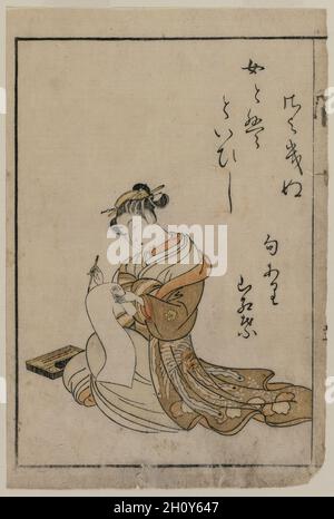La courtesan écrivant à partir d'un livre de la série A Collection of Beautiful Women of the Yoshiwara, 1770.Suzuki Harunobu (japonais, 1724-1770).Imprimé color block; feuille: 21.6 x 14.7 cm (8 1/2 x 5 13/16 po.). Banque D'Images
