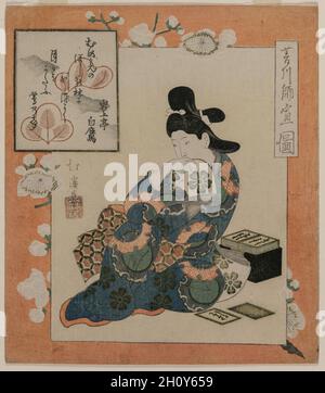 Une photo de Hishikawa Moronobu: Femme avec un ensemble de cartes de poème, mi-1820.Totooya Hokkei (japonais, 1780-1850).Imprimé color block (surimono) doré, argenté et gaufrage; feuille: 21 x 18.4 cm (8 1/4 x 7 1/4 po.).Le poème de Ganjotei Shirataka se lit comme suit : amical, au milieu de la forêt étoilée des branches de prune, la voix du chant paruline du soleil et de la lune. Banque D'Images
