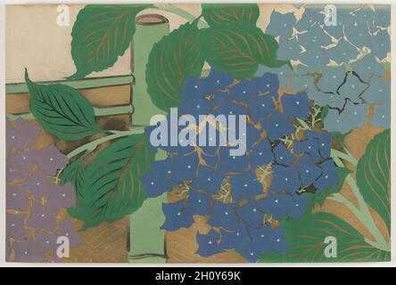 Fleurs d'une centaine de mondes (Momoyogusa): Hydrangea (Agisai), 1909-10.Kamisaka Sekka (japonais, 1866-1942).Colorer les coupes de bois avec de l'or et de l'argent; feuille: 29.9 x 22.1 cm (11 3/4 x 8 11/16 po.).Cet imprimé d'un ensemble de trois albums imprimés en bois présente les prouesses de la conception graphique de Kamisaka Sekka.Les images ont d'abord été distribuées une par une aux abonnés de la série, mais plus tard ont été réémises sous forme liée, comme ce livre, pour les consommateurs de masse.Chaque impression présente une vignette tirée de la nature ou de la littérature japonaise.Beaucoup de scènes ont une longue histoire au Japon, originaire du 900s o Banque D'Images