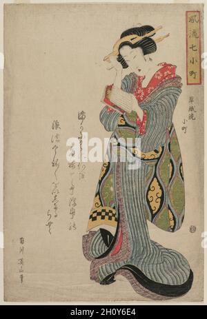 Komachi lave le livre (de la série sept épisodes élégants de la vie de la poétesse Ono Komachi), début 1810.Kikukawa Eizan (japonais, 1787-1867).Imprimé color block; hors tout: 38.2 x 25.4 cm (15 1/16 x 10 po.). Banque D'Images