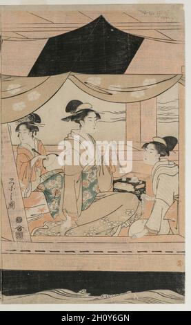 Les femmes dans un bateau de plaisance sur la rivière Sumida, mi 1790. Chōbunsai Eishi, japonais (1756-1829). Gravure sur bois en couleur ; feuille : 38,4 x 24,1 cm (15 1/8 x 9 1/2 in.). Banque D'Images