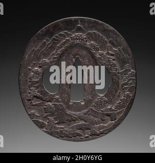 SWORD Guard (Tsuba) avec paysage chinois, mi-1700.Japon, période Edo (1615-1868).Fer; hors tout: 7 x 7.7 cm (2 3/4 x 3 1/16 po.). Banque D'Images