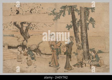 Groupe de figures près d'un ruisseau, 1760-1849. Katsushika Hokusai (1760-1849), Japonais. Gravure sur bois en couleur ; feuille : 9,6 x 23,2 cm (3 3/4 x 9 1/8 in.). Banque D'Images