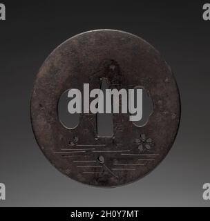 Garde au sabre (Tsuba) avec cerisiers en fleurs, milieu des années 1800.Japon, période Edo (1615-1868).Fer ; diamètre : 7.4 cm (2 15/16 po). Banque D'Images