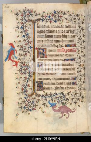 Heures de Charles le Noble, roi de Navarre (1361-1425), fol.321v, buste de la mort, c.1405. Maître des initiales et associés de Bruxelles (français).Encre, tempera et or sur vélin; codex: 20.3 x 15.7 x 7 cm (8 x 6 3/16 x 2 3/4 po.).Ce précieux volume a évidemment été très apprécié par son propriétaire, le roi de Navarre d'origine française, qui a eu ses armoiries peintes sur pas moins de vingt folios.Plutôt que de commander directement ce manuscrit à partir d'un atelier spécifique, il semble que Charles le Noble ait acquis son livre des heures -- peut-être prêt-à-faire pour le marché du luxe -- pendant un voyage à Pa Banque D'Images