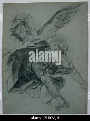 Un Ange volant (recto); Etudes des instruments de jeu de mains (verso), 1723-1727.Giovanni Battista Piazzetta (italien, 1682-1754).Craie noire accentuée de traces de craie blanche; feuille: 56.3 x 42.6 cm (22 3/16 x 16 3/4 po).Ce dessin a été complété en préparation de la plus prestigieuse commission religieuse de Giovanni Battista Piazzetta, le plafond de la gloire de Saint Dominique pour l'église de SS.Giovanni e Paolo à Venise.La peinture finie, qui dépeint l'arrivée de Saint Dominique dans le ciel au milieu d'un vortex orageux, et l'étude de Piazzetta pour l'ange, qui carr Banque D'Images