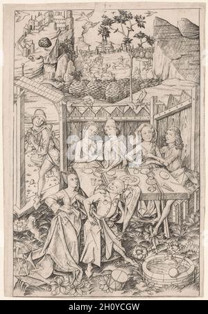 Le jardin de l'amour (grande assiette), c.1465. Master ES (allemand, actif 1450-67).Gravure; plaque: 23.5 x 15.8 cm (9 1/4 x 6 1/4 in.); feuille: 23.8 x 16.5 cm (9 3/8 x 6 1/2 in.).Le Maître E. S. était le graveur le plus important actif dans le nord de l'Allemagne vers le milieu des années 1400, lorsque, pour la première fois, les graveurs signaient leur travail.Sa représentation du jardin de l'amour s'écarte de la tradition picturale, qui a généralement décrit la scène comme un Royaume idyllique de musique, de la fête et des jeux où les femmes ont inspiré le service dévoué de leurs admirateurs.Ici, cependant, le Maître E. S. satirize Banque D'Images