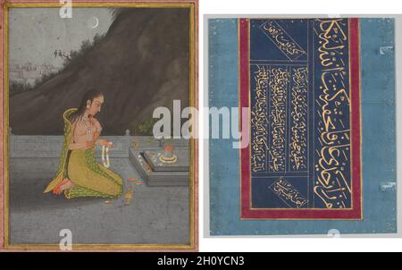 Une scène nocturne de Shiva puja (recto); Calligraphie (verso), c.1760-70.Attribué à Muhammad Rizavi hindi (Indien, actif mi-1700), Ahmad al-Husaini.Aquarelle opaque avec or sur papier, larges bordures de papier rose (recto); or sur papier bleu, quatre lignes de calligraphie de thulus (verso); page: 28.2 x 24.1 cm (11 1/8 x 9 1/2 po).Les femmes hindoues étaient des membres éminents des harems de Mughal depuis l'époque d'Akbar, dont la reine principale était une princesse hindoue du royaume d'Ambre (plus tard rebaptisée Jaipur) dans le Rajasthan actuel.Sous des étoiles dorées et un croissant de lune, cette femme du palais royal tient un Banque D'Images