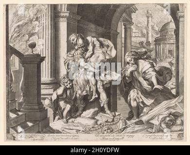 Aeneas et sa famille fuyant Troy, 1595.Agostino Carracci (italien, 1557-1602), après Federico Barocci (italien, 1528-1612).Gravure ; créée à la fin des années 1500, cette impression marque avec style la fin de l’art de la Renaissance. Barocci fait tourbillonner, compose émotive et intensité du réseau gravé de lignes d’Agostino, qui préfigure l’essor de l’art baroque dans les années 1600.Cependant, des légendes anciennes comme la guerre de Troie, ranimées et popularisées pendant la Renaissance, ont continué à inspirer les artistes pendant des siècles à venir.Ici, Aeneas porte son père Anchises, qui à son tour sauve sm Banque D'Images