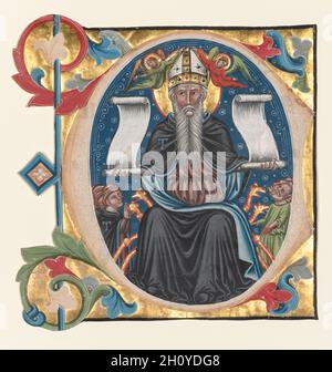 C initial extrait d'un livre choral: St. Anthony avec Antonite Friars, c.1400-1440.Italie, Venise, 15ème siècle.Encre, tempera et or sur vélin; feuille : 18.5 x 17.5 cm (7 5/16 x 6 7/8 po).L’objet de cette première est un portrait imposant de Saint Anthony, l’un des « ermites désertiques » chrétiens originaux.Anthony a pris sa retraite dans le désert égyptien où il est resté dans la solitude pendant de nombreuses années.Les HEIs sont généralement considérés comme le fondateur du monachisme et, avec les saints Jérôme, Ambrose et Gregory le Grand, l'un des quatre pères de l'Église chrétienne.Anthony est identifié ici par hismonas Banque D'Images