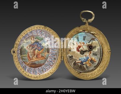 Watch, fin des années 1700 - début des années 1800. Marchand (Français). Cas émaillé monté en métal doré gravé ; diamètre : 4,4 cm (1 3/4 in.). Banque D'Images