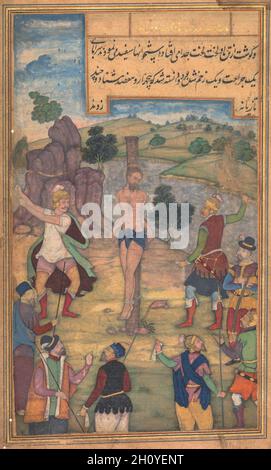 La flagellation, d'un miroir de Sainteté (Mir’at al-quds) du Père Jérôme Xavier, 1602-4.Mughal India, Allahabad, fait pour le Prince Salim (1569–1627).Aquarelle opaque, encre, couleur et or sur papier; feuille: 26.2 x 15.3 cm (10 5/16 x 6 po.); image: 22.3 x 13.3 cm (8 3/4 x 5 1/4 po.).C’est la dernière illustration du manuscrit de Cleveland du Mir’at al-quds.Il dépeint la scène de la flagellation de Jésus, mais il laisse présager la Crucifixion, puisque ses pieds sont élevés du sol.Son expression faciale combine à la fois douleur et compassion comme il est fouetté par les soldats romains.Bien que Banque D'Images