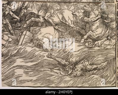 La submersion de l'armée de Pharaon dans la mer Rouge, 1514–15, imprimé en 1549.Titien (italien, c.1488-1576).Coupe de bois; sans cadre: 41 x 55.6 cm (16 1/8 x 21 7/8 po).Comme les boiseries imitent le style de dessin de l'artiste, les imprimés d'après les dessins de Titien sont très différents de ceux du maître allemand Albrecht Dürer.Alors que les coupes de bois de Dürer sont un exemple de contrôle—les hachures et les lignes parallèles d'ombrage sont précises et uniformes—les lignes de Titien de la manière vénitienne sont dessinées avec des traits vigoureux qui sont gras, expressifs et irréguliers.Une conception énorme et complexe, la submersion de l'Armée de Pharaon dans le Th Banque D'Images