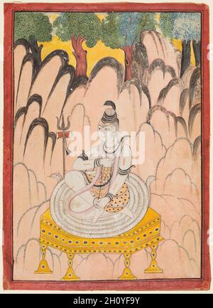 Shiva assis sur un trône dans un paysage, c.1760. Nord de l'Inde, Himachal Pradesh, Pahari Royaume de Chamba.Température de gomme sur papier; page : 30.2 x 21.9 cm (11 7/8 x 8 5/8 po.); image : 28.3 x 19.8 cm (11 1/8 x 7 13/16 po.).Shiva est représenté assis sur des serpents rassemblés sur un siège royal.La scène est située dans un cadre montagneux rocheux avec une rangée d'arbres en arrière-plan.Dans les peintures de Chamba, Shiva est habituellement représenté avec un teint blanc dans une vue de trois quarts.Cette formule est restée cohérente depuis plus d'un siècle, à très peu d'exceptions près. Banque D'Images