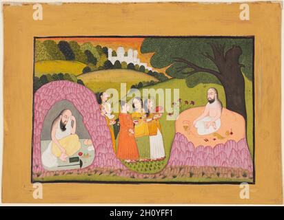 Sultan Ibrahim ibn Adham de Balkh visité par Angels, c.1740. Nord-Ouest de l'Inde, Rajasthan, Royaume de Bundi.Gomme tempera et or sur papier; page: 24.2 x 32.8 cm (9 1/2 x 12 15/16 po.); miniature: 17.2 x 25.7 cm (6 3/4 x 10 1/8 po.).Sultan Ibrahim ibn Adham était le roi de Balkh dans l'Afghanistan d'aujourd'hui, né vers 730, mais plus tard abdiqué son trône pour prendre la vie ascétique en Syrie.Les légendes soufies affirment qu'Ibrahim dans le désert a été nourri par des anges.Dans la peinture, Ibrahim peut être vu dans une grotte et méditer sous un arbre, tandis que cinq angles apparaissent devant lui. Banque D'Images