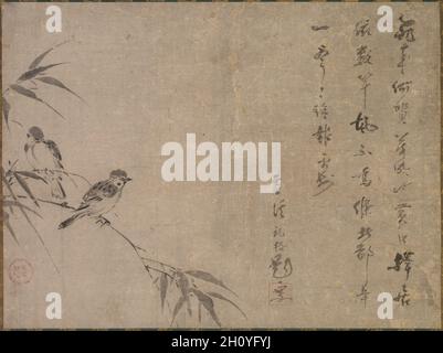 Sparrows et bambou, mi- à fin 1500s.Shiken Saidō (japonais, 1486–1581), calligraphie d'Ekkei Reikaku (japonais, d.1609).Rouleau suspendu; encre sur papier; monté: 115 x 51.6 cm (45 1/4 x 20 5/16 po.).Shiken Said?, dont le nom de style était Ze'an, était un moine zen qui s'est entraîné au temple SH?kokuji de Kyoto, et a conçu le jardin de Reiun'in au temple My?shinji.Il peint des paysages dans le style de peintre et conseiller artistique du shogun, S?ami (mort en 1525), ainsi que des compositions d'oiseaux et de fleurs.Une inscription poétique par le moine Ekkei Reikaku accompagne cette composition douce de deux moineaux per Banque D'Images