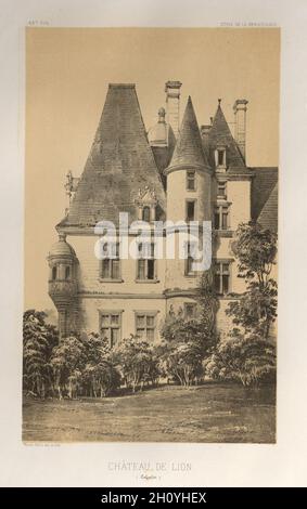 Des monuments de l'architecture pittoresque ou XVeme. Et XVIeme. Siecles : chateaux de France des XV et XVI SIECLES : Pl. 49, Château de Lion (Calvados), 1860. Victor Petit (Français, 1817-1874), Charles Boivin (éditeur et rédacteur en chef) ; Lith de Godard a Paris (imprimante). Lithographie avec Pierre de teinte, de portefeuille de 100 lithographies avec Pierre de teinte ; feuille : 36 x 27,6 cm (14 3/16 x 10 7/8 in.) ; Image : 23 x 14 cm (9 1/16 x 5 1/2 in.). Banque D'Images