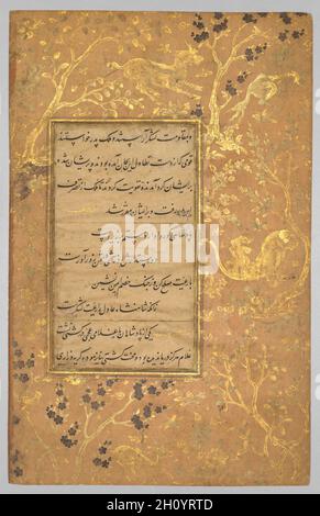 Folio illuminé (verso) d'un Gulistan (jardin de roses) de sa'di (c.1213-1291), chap1475–1500, frontières ajoutées c.1550. Calligraphie du sultan Ali Mashhadi (iranien, 1520).Aquarelle opaque, encre, or et argent sur papier; hors tout: 30 x 19 cm (11 13/16 x 7 1/2 po.); zone de texte: 16.1 x 9.6 cm (6 5/16 x 3 3/4 po.).Le Gulistan, achevé vers 1258, est l'une des œuvres les plus célèbres de la littérature persane.Le nom du livre signifie « jardin de roses » en persan ; tout comme un jardin de roses est une collection de fleurs, le contenu est une collection d’anecdotes.Écrit à la fois en prose et en verset, le Gulistan était Banque D'Images