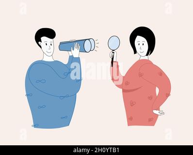 Homme et femme debout avec des jumelles et une loupe dans leurs mains.Les gens qui se regardent de plus près et se explorent les uns les autres.Illustration vectorielle plate.Relationshi Illustration de Vecteur