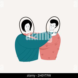 L'homme et la femme se regardent les uns les autres et voient le reflet miroir de leurs propres. Relation empathie, codépendance, dépendance et psychologie concept. Dessin animé Illustration de Vecteur