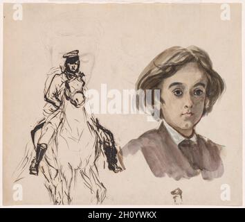 Feuille d'étude, c.1870-80.Alfred Dehodencq (français, 1822-1882).Stylo et encre marron foncé, aquarelle avec graphite sur papier vélin léger; feuille: 18.5 x 22 cm (7 5/16 x 8 11/16 po).Alfred Dohodencq était un dessinateur prolifique, combinant souvent plusieurs croquis sur une seule page comme vu ici.À droite, un croquis intime d’un garçon – peut-être le fils de l’artiste – apparaît en aquarelle, à côté d’un cavalier dessiné au stylo et à l’encre.Au-dessus de l'homme et de son cheval, l'artiste s'est légèrement enfermé dans un visage aux yeux fermés, en réutilisant peut-être la feuille pour une autre composition. Banque D'Images