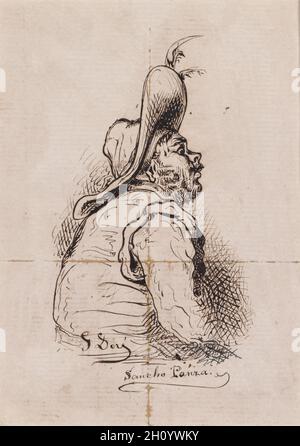 Sancho Panza, c.1863. Gustave doré (français, 1832-1883).Stylo, encre brune, encre noire sur papier moderne; feuille: 14.4 x 10.5 cm (5 11/16 x 4 1/8 po).Cette image est l’une des nombreuses illustrations que l’artiste français Gustave doré a faites pour une édition de 1863 du roman de Miguel de Cervantes Don Quichotte, publié à l’origine en 1605.Il dépeint Sancho Panza, le pied-de-biche humoristique du héros du roman.Placée à la fin d’un chapitre du livre, cette vignette souligne la forme stock et la curiosité de Sancho, alors qu’il se tourne vers l’avenir avec attention. Banque D'Images