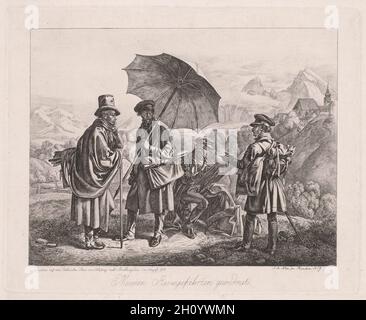 Les artistes sur leur parcours, 1819.Johann Adam Klein (allemand, 1792-1875).Gravure sur papier vélin; plaque: 24.5 x 30.3 cm (9 5/8 x 11 15/16 in.); feuille: 29.3 x 34 cm (11 9/16 x 13 3/8 in.).Cette image a été créée pour immortaliser la mémoire d'une visite à pied de l'artiste et de quatre amis dans la région des Alpes de Salzbourg-Berchtesgaden en août 1818.Klein dépeint ses amis, tous des artistes, avec des sacs à dos, des chevalets et des sacoches pour le transport des matériaux de leur artiste.Les artistes qui travaillent à l'ère romantique ont placé l'importance du voyage comme chemin vers la connaissance de soi et l'inspiration créative. Banque D'Images