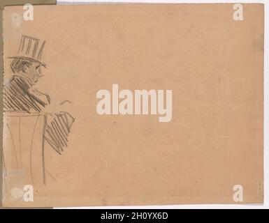 Profil droit de l'homme portant un chapeau haut (verso), fin des années 1800.Attribué à Jean Louis Forain (français, 1852-1931).Charbon; feuille: 32.4 x 24.9 cm (12 3/4 x 9 13/16 po).Cette image illustre l'activité urbaine de Paris à la fin du XIXe siècle.Une femme à la mode monte dans un fiacre, une voiture à quatre roues, depuis le trottoir de la rue.Son chauffeur, assis à l'avant, regarde à l'entrée.Le rendu ample et superficial du charbon de bois de l’artiste souligne davantage la sensation d’une vie urbaine animée évoquée dans ce dessin. Banque D'Images