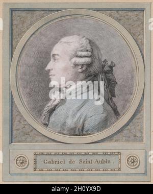 Portrait d'un homme, dit être le sculpteur Clodion (1738-1814), fin du XVIIIe siècle.Inconnu, Français (18ème siècle).Craie noire avec trébuchement et craies rouges et bleues; détails du cadre en stylo et encre brune et lavages bleus; diamètre: 13.7 cm (5 3/8 po.); hauteur: 13.9 cm (5 1/2 po.).Ce portrait est présumé représenter le sculpteur français Clodion (1738-1814).Il est représenté comme un noble, portant un costume avec un col à volants et une perruque attachée avec un ruban.Le format de médaillon et l'utilisation de la couleur dans ce dessin rappellent les miniatures de portrait peint, une forme d'art qui a atteint la hauteur de sa popularité Banque D'Images