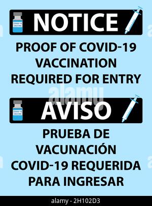 Avis preuve de vaccination requise signe en anglais et en espagnol - Illustration vectorielle Illustration de Vecteur