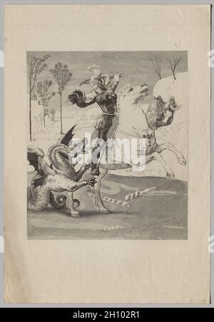 Saint-George et le Dragon (3), 1885.Claude-Ferdinand Gaillard (français, 1834-1887), après Raphaël (italien, 1483-1520).Gravure; feuille: 47 x 32.6 cm (18 1/2 x 12 13/16 po.); image: 29.7 x 25.3 cm (11 11/16 x 9 15/16 po.). Banque D'Images