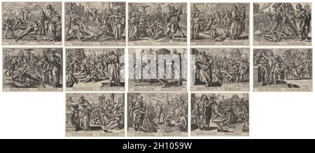 Christ, Saint-Paul, et les douze apôtres, c.1578. Hendrick Goltzius (néerlandais, 1558-1617), Hans Collaert l'aîné (flamand, 1520-1581), Inconnu Engraver (néerlandais), d'après Maarten de vos (flamand, 1532-1603).Treize gravures; cette série imprimée présente treize gravures représentant le Christ et les Apôtres (les disciples primaires du Christ).Dans chaque scène, un apôtre est montré au premier plan, avec l'architecture et le paysage derrière lui qui indiquent les lieux dans lesquels il a prêché le message du Christ, de Rome à l'Inde.Au milieu de chaque empreinte, le martyre de l’apôtre est adopté W Banque D'Images