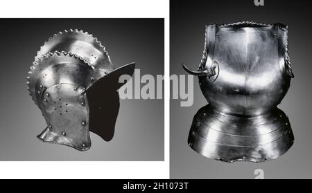 Éléments d'une armure, c.1540–70.Allemagne, XVIe siècle.Acier, bandes de cuir; acier; acier et cuir; Une armure complète comprend plus d'une douzaine de pièces différentes.Ici, il y a plusieurs éléments dont un burgonet, un gorget, des pauldrons et un pectoral.Populaire dans les années 1500 et 1600, le burgonet était une tête ouverte légère, favorisée par la cavalerie et l'infanterie.Ses principales caractéristiques sont un pic au-dessus des yeux et des cheekpieces à charnières qui se fixent avec une sangle ou une dentelle sous le menton.Un gorget est un élément d'armure qui protège le cou, la gorge et la partie supérieure de la poitrine.Il norma Banque D'Images