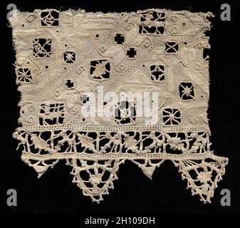 Fragment de dentelle Needlepoint (Cutwork), XVIIe siècle.Italie, XVIIe siècle.Dentelle, pointe : lin; moyenne : 12.7 x 14 cm (5 x 5 1/2 po). Banque D'Images