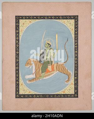 Mars, d'une série d'astrologie Mandi, c.1810. Attribué à Sanju (Indien, actif fin 1700-début 1800).Gomme tempera et or sur papier ; 25.4 x 20.3 cm (10 x 8 po.).Cette page est tirée d'une série de peintures présentant des sujets astrologiques, y compris des personnifications de planètes et des signes du zodiaque.Historiquement en Inde, la conjonction de planètes avec certaines dates de calendrier a été importante pour déterminer quand programmer des événements ou des cérémonies.Mars est représenté comme un guerrier avec une peau verte et un tigre à travers le ciel. Banque D'Images