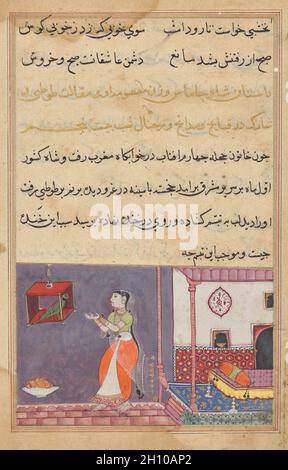 Le Parrot s'adresse à Khujasta au début de la vingt-cinquième nuit, d'un Tuti-nama (Tales of a Parrot), c.1560. Mughal India, cour d'Akbar (régna de 1556 à 1605).Tempérament de gomme, encre et or sur papier; total: 20.3 x 14 cm (8 x 5 1/2 po.); peinture seulement: 6.2 x 10.1 cm (2 7/16 x 4 po.).Khujasta se trouve devant un porche avec une moquette arabesque bleue et un lit à pieds.Le lit vide parle à sa solitude et à son désir d'amant.Elle est habillée comme une femme indienne, avec un chemisier sans dos, une jupe enveloppée d'orange, et une longue ceinture.La frange pompode de sa stole en mousseline translucide se distingue Banque D'Images