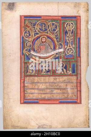 Feuille unique excisée d'un livre d'Evangile avec L[iber generationis] initial: Saint Matthieu (verso), c.1190. Allemagne, Abbaye de Helmarguausen, XIIe siècle.Encre, tempera, argent et or sur vélin; feuille: 34.3 x 23.3 cm (13 1/2 x 9 3/16 in.); encadrée: 52.4 x 39.7 cm (20 5/8 x 15 5/8 in.); avec un revêtement: 48.9 x 36.2 cm (19 1/4 x 14 1/4 in.).Cette feuille provient d'un volume conservé dans la bibliothèque de la cathédrale de Trèves en Allemagne (Codex 142). Banque D'Images