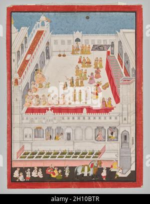 Maharaana Jagat Singh assistant au Raslila, 1736.Attribué à Jai RAM (Indien), et/ou Jiva (Indien).Aquarelle opaque, or et argent sur papier; feuille : 67.5 x 49 cm (26 9/16 x 19 5/16 po).Pour célébrer le festival du nouvel an de Diwali, les danseurs redonnent l'histoire de la vie du dieu hindou Krishna dans une cour de palais à la lueur des bougies sous la pleine lune.Le roi, vassal de l'empereur moghol, est assis avec le halo de la sanction divine pour son règne à gauche de la cour, fussant d'un narguilé en forme de chèvre doré, avec son jeune fils et héritier à ses côtés.Au sommet de la composition, une danse Banque D'Images